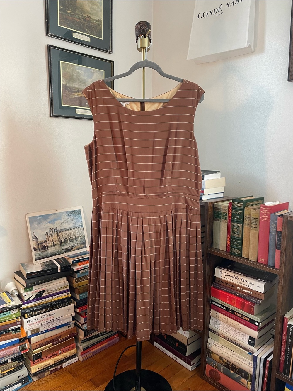 L.L. Bean Brown and Cream Striped Sleeveless Midi Dress